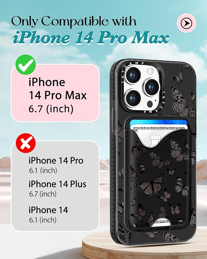 Toycamp for iPhone 14 Pro Max Case - Compatible with Magsafe Credit Card Holder Wallet Magnetic Cute Women Teen Girls Kawaii Girly Unique Black Butterfly Design Phone Cover for iPhone 14 Promax