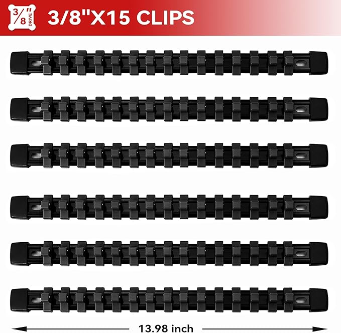 ALOANES 6PC ABS Socket Organizer, Socket Rails Fit 3/8 inch Drive, Heavy Duty Socket Holders Hold up to 90 Sockets, Black Rails with Black Clips