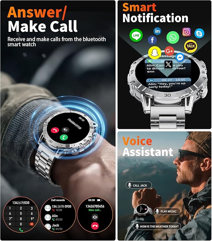 LIGE Smart Watches for Men 1000mAh Battery/LED Flashlight/3 Straps, 1.7" Ultra HD Screen Outdoor Smartwatch with 111 Sports Modes, Bluetooth Call 5ATM Waterproof Fitness Tracker Android iOS,Sliver