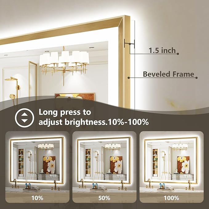 44x32 Gold Framed LED Bathroom Mirror with Lights, Backlit and Front Light, Lighted Bathroom Vanity Mirror for Wall Dimmable Anti-Fog Memory Tempered Glass Horizontal/Vertical
