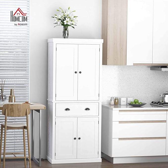 HOMCOM 72.5" Kitchen Pantry Cabinet, Traditional Freestanding Storage Cabinet with 4 Doors, Drawer and 3 Adjustable Shelves for Dining Room, White
