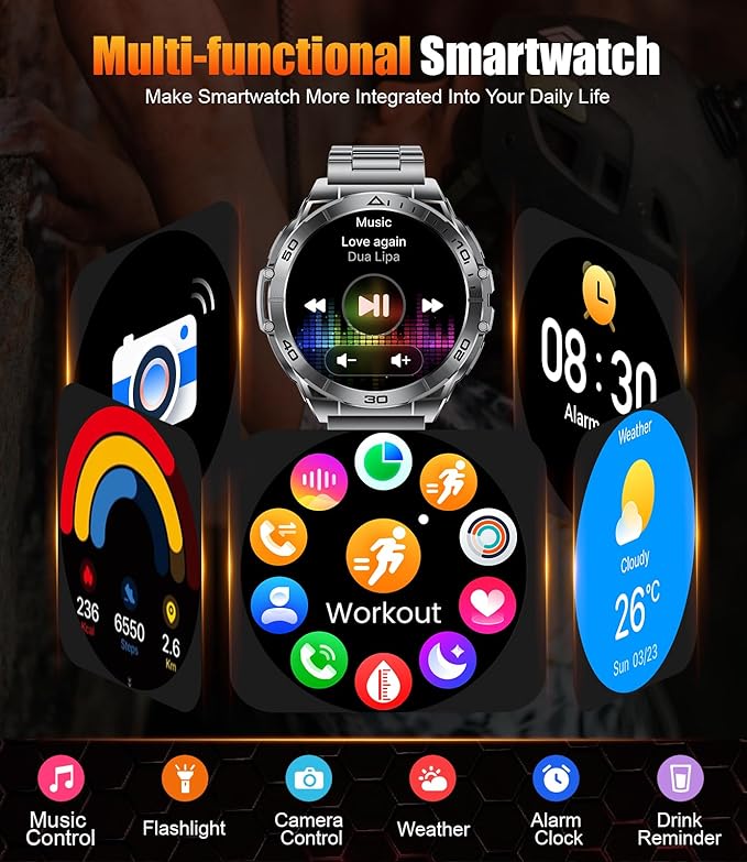 SUNKTA Military Smart Watch for Men,1.6" AMOLED Screen/600mAh Battery/5ATM Waterproof Smartwatches (Answer/Dial Calls) Fitness Tracker with Sleep Tracking/Heart Rate for Android iOS