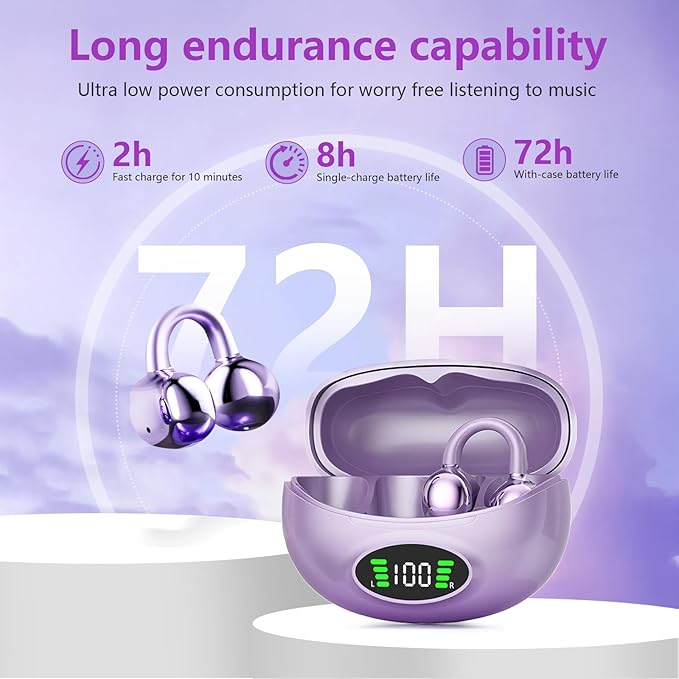 Clip on Headphones,Open Bluetooth 5.4 Earbuds with LED Digital Display Built-in Mic IPX7 Waterproof 50H Playback Sports Bone Conduction Earphones Suitable for Small Ears and Eyeglass Wearers (Purple)4