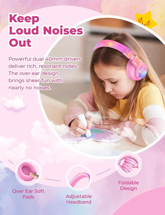iClever BTH12 Kids Bluetooth Headphones,Colorful LED Lights,74/85dBA Safe Volume,85H Playtime,Fast Charging,Bluetooth 5.2,Over Ear Kids Headphones Wireles for iPad/Tablet/Airplane,Tie-dye Pink