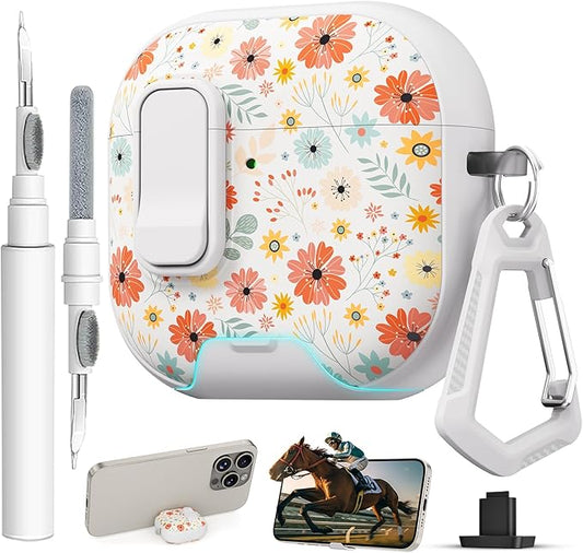 for AirPods 4 Case with Secure Lock Clip in Phone Stand,Floral Girly Style Protective Cover with Cleaning Kit and Hand Strap for Apple AirPod 4 Generation (Maple Leaf Petals)