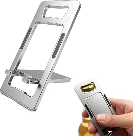 Durable Aluminum Phone Holder with Bottle Opener, Flat iPhone Stand for Desk, Cell Phone Stand for Travel Essentials & Office Accessories (Silver)
