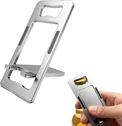 Durable Aluminum Phone Holder with Bottle Opener, Flat iPhone Stand for Desk, Cell Phone Stand for Travel Essentials & Office Accessories (Silver)