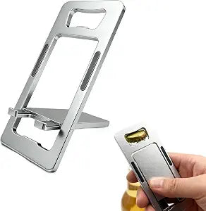 Durable Aluminum Phone Holder with Bottle Opener, Flat iPhone Stand for Desk, Cell Phone Stand for Travel Essentials & Office Accessories (Silver)