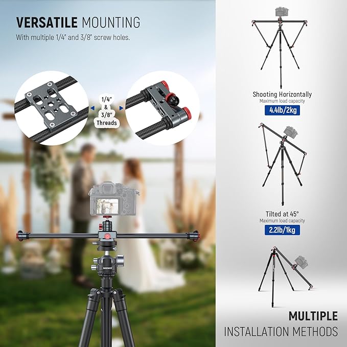NEEWER 24in/60cm Carbon Fiber Camera Slider with 360° Ball Head/Phone Clamp/Action Camera Mount, Dolly Rail Track with 4 Bearings & Adjustable Legs, Compatible with GoPro Insta360 iPhone Android, CS2M