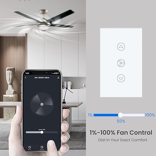 Smart Fan Switch Neutral Wire Required, 2.4GHz WiFi Dimmer Light Switch with Remote Voice Control, Tempered Glass Panel, Compatible with Alexa and Google Home, White WiFi Fan