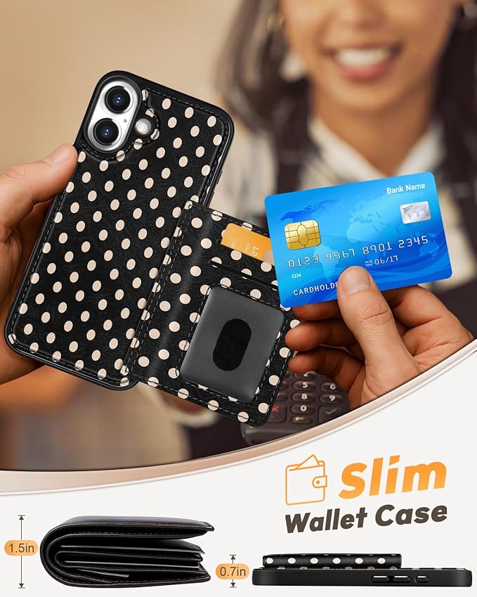for iPhone 17 Case with Wallet - Fits 4 Card Slots, Compatible with MagSafe for Women Aesthetic Durable PU Leather Credit Card Holder Kickstand Phone Cover for Apple 17, Polka Dots