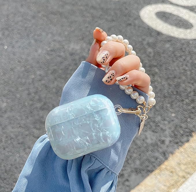 for Cute Glitter Airpods Pro/Pro 2 Gen Case with Cleaner Pen, Shell Pattern iPod Pro 2nd/1st Generation Cover Protective Skin Girl Women with Luxury Pearl Keychain 2023/2022/2019 - Blue