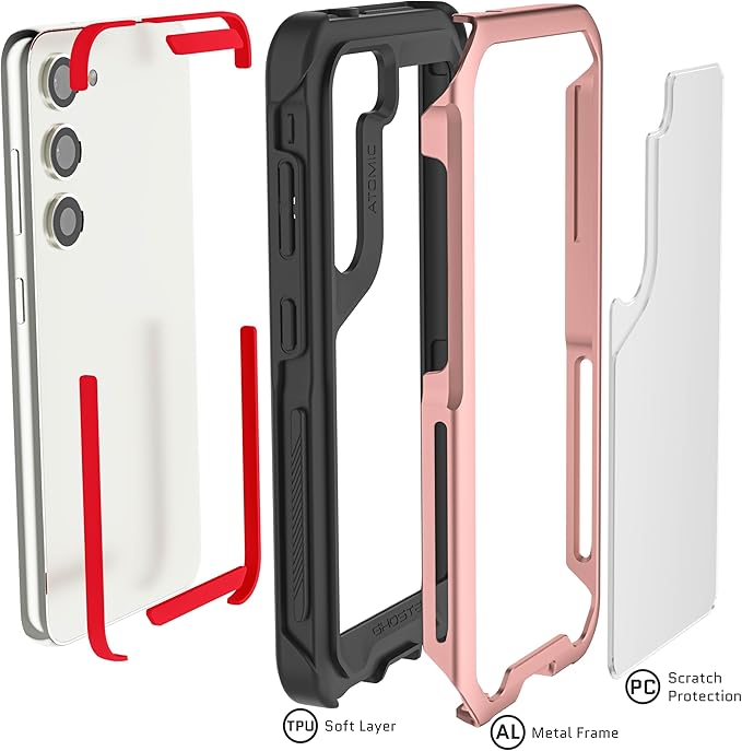Ghostek ATOMIC slim Galaxy S23 Case for Women Girls with Clear Back and Lightweight Aluminum Bumper for Heavy Duty Protection Protective Phone Cover Designed for 2023 Samsung Galaxy S23 (6.1in) (Pink)