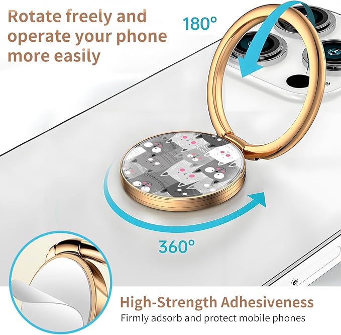 Cell Phone Ring Holder, Cute Metal Phone Grip Stand Finger Ring Kickstand, Flexible 360°Rotation Phone Tablet Case Accessories Compatible with Most Phones Grey Cute Cats
