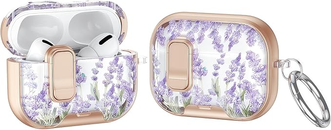 Case Compatible with AirPods 4 2024,Elegant Lavender Pattern Cover for AirPods 4th Gen with Built-in Phone Stand,One-Click Secure Lock & Metal Carabiner,Wireless Charging, Gift for Girls Women