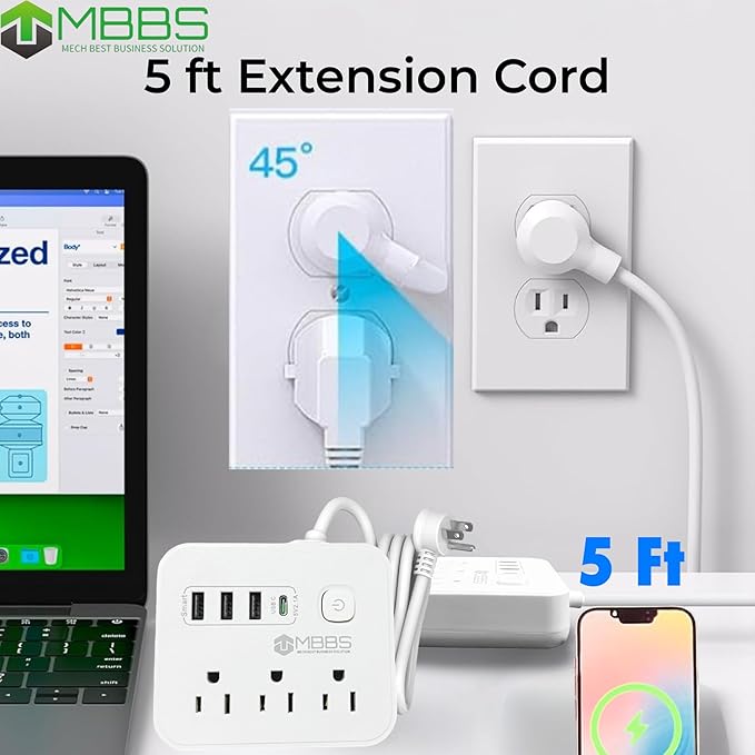 Surge Protector Power Strip with USB C, Heavy Duty Extension Cord – (7-in-1) 3 AC Outlets, 4 USB Ports, LED On/Off Switch – Compact & Travel Friendly – Home, Office. (5ft)