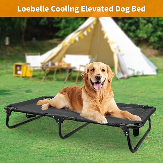 Foldable Elevated Dog Bed for Large Pet, No-Assembly-Need Folding Raised Dog Bed, Waterproof Outdoor Dogs Cot Cooling Pet Hammock Beds with Breathable Mesh, Chew-Proof, Black