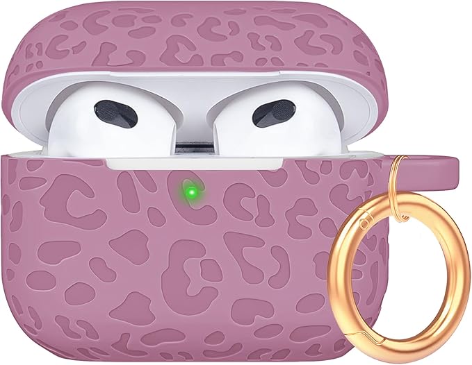 Engraved Case for AirPods 3rd Generation Carving Cover with Keychain, Leopard Skin Soft Cover for Compatible with AirPods 3rd Generation Case Full Protection,Front LED Visible,Smoke Violet