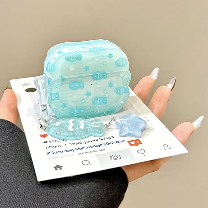 Compatible with AirPods Pro 3 Case Soft TPU with Cleaner Kit Creative Cute Fish Star Keychain Shockproof Cover for Airpods Pro 3rd Generation(2025) -Water Blue