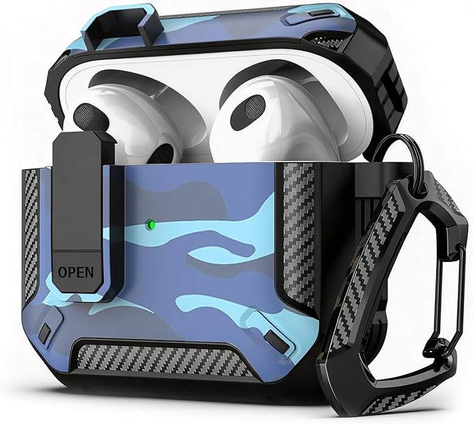 for AirPods 4 Case 2024 with Secure Lock Clip - Military-Grade Drop Protection AirPods 4th Generation Case, Carbon Fiber Shockproof Cover, Automatic Pop-up & Carabiner Hook, Camo Blue