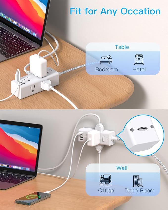 Power Strip Surge Protector - 6 Widely Outlets with 4 USB Ports (2 USB C), 3-Side Outlet Extender Strip, 6 Ft Extension Cord Flat Plug, Wall Mount Small Power Strip for Travel Home Office College Dorm