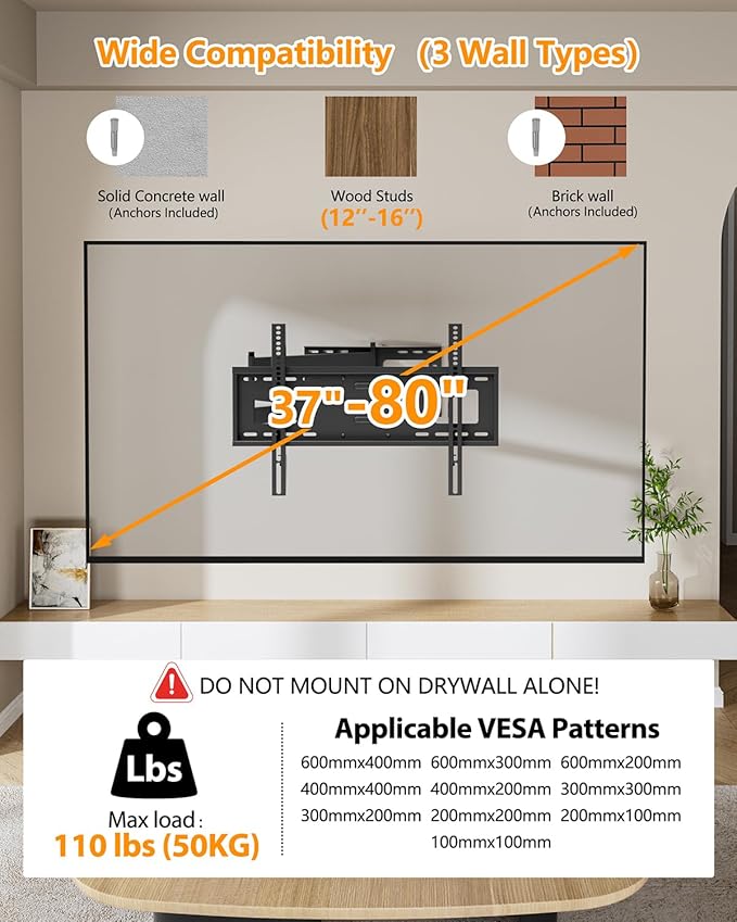 FORGING MOUNT Long Extension TV Mount Full Motion Wall Bracket with 42 inch Long Arm Articulating TV Wall Mount for 42 to 80 Inch Flat/Curve TVs, VESA 600x400mm Compatible, Holds up to 110 lbs