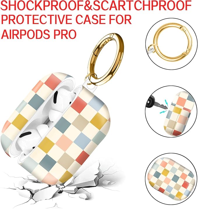 Compatible with AirPod Pro Case 2nd/1st Gen (2023/2022/2019),Shockproof Protective Cover with Keychain for Women,Cute Charging Case for Airpod Pro 2/1(Checkered Beige Light Colors)