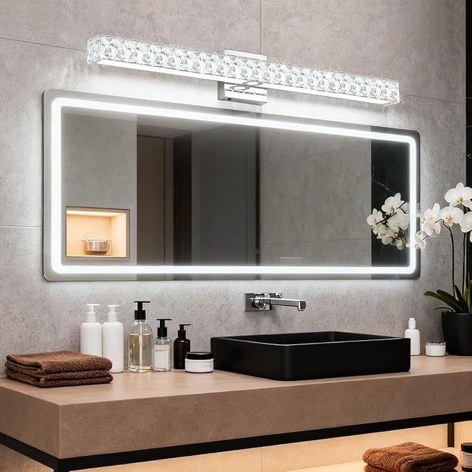 SOLFART Bathroom Vanity Lighting, Crystal Bathroom Light Fixtures Over Mirror LED Lights for Restroom, 32.5 Inch Chrome Light Over Mirror