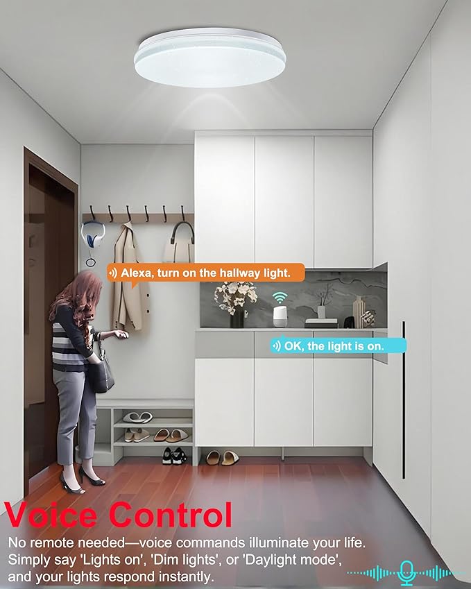 WF-Version LED Ceiling Light with Speaker 40W 12Inch Control via app/Voice/Remote Adjustable Brightness & Color Temperature Ceiling Lamp RGB Ambient Lighting for Bedroom Kids Room and More