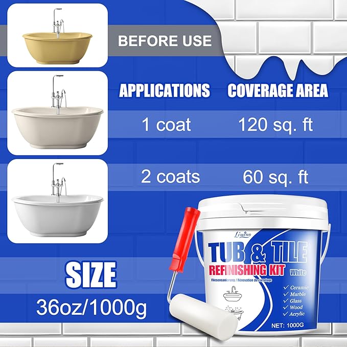 Tub and Tile Refinishing Kit - 35oz Semi-Gloss White Tile Paint with Tools for Bathtub Sink Countertop for Bathroom Kitchen, Bathtub Paint for Ceramic, Porcelain Fiberglass, Low Odor, 50-60 sq.ft
