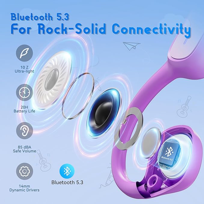 Kids Bluetooth Headphones, Wireless Kids Earbuds with 85dB Volume Limit, Bluetooth5.3, Air Conduction Open-Ear Headphones, 20-Hour Playtime, with Built-in Mic for Toddlers, Boys and Girls (Purple)