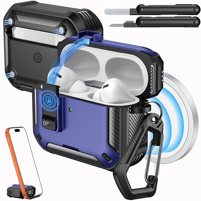 MoKo for AirPods Pro 2 Case with Lock - Compatible with MagSafe, Phone Stand & Auto Pop-up for AirPods Pro 2nd/1st Generation Case, Military-Grade Protective Cover with Cleaner Kit, Dark Blue+Black