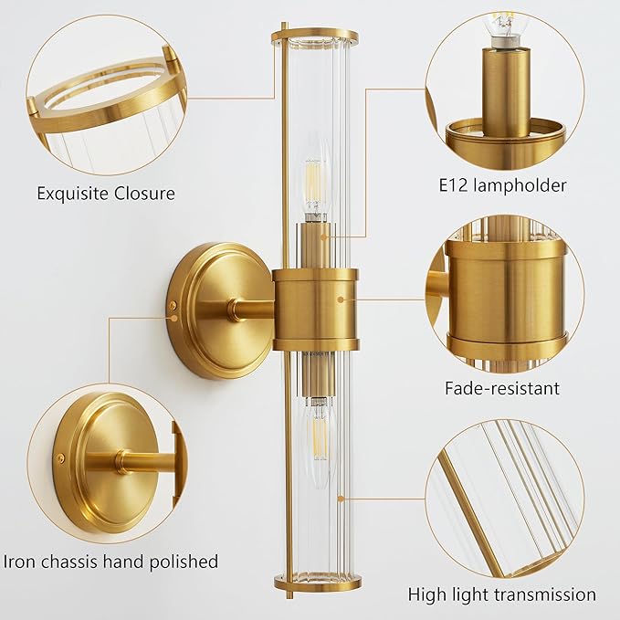 Gold Wall Sconce Light Fixture - Bathroom Sconce Indoor Industrial Wall Sconce Vanity Light Wall Light Up and Down Wall Mount Lamp for Bathroom Bedroom(Without Bulb)