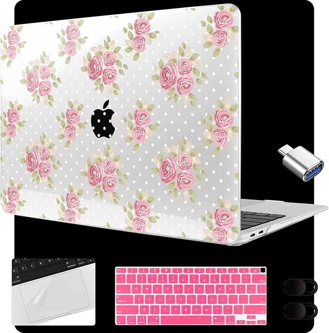 MEEgoodo for MacBook Air 13.3 inch Case 2021 2020 2019 2018 A2337 M1 A2179 A1932, Laptop Shell for MacBook Air M1 with Keyboard Webcam Cover & Trackpad Film & Type C Adapter,Vintage Chic Floral