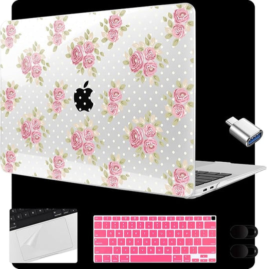 MEEgoodo for MacBook Air 13.3 inch Case 2021 2020 2019 2018 A2337 M1 A2179 A1932, Laptop Shell for MacBook Air M1 with Keyboard Webcam Cover & Trackpad Film & Type C Adapter,Vintage Chic Floral