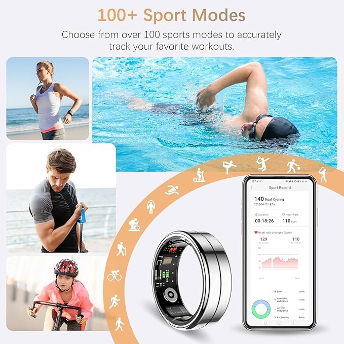 Fit Ring for Women Men, Ring Health Tracker with Heart Rate,Blood Oxygen,Heart Rate Variability, Stress, Sleep Monitor, Step Counter, Smart Ring for iPhone & Android, No Subscription Fee (Silver, 10)