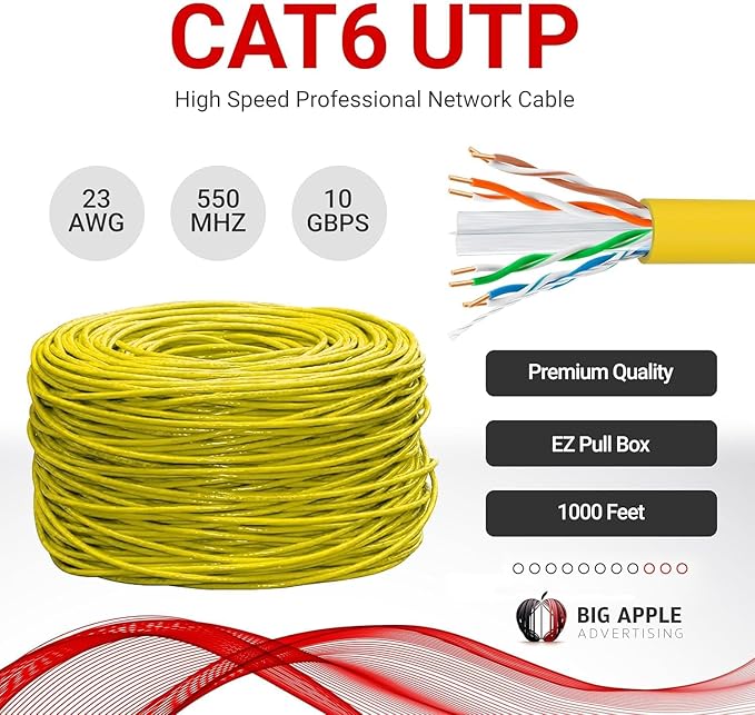 Big-A - Bulk Cat6 Cable 1000ft 23AWG Solid 4 Pair, Cat 6 Ethernet Cable Unshielded Twisted Pair (UTP), (CMR) 550MHz Internet Cable, Pull Box - Yellow