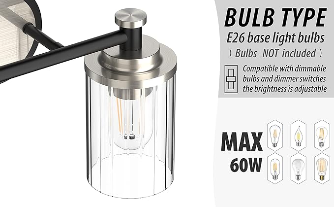 Bathroom Lighting Fixtures Black and Brushed Nickel Bathroom Vanity Light with Cylindrical Clear Stripes Glass Lampshade E26 Socket Base Bathroom Lighting Fixtures Over Mirror (2 Lights)