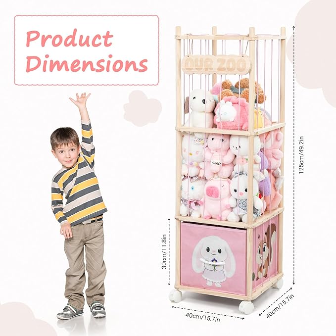 Stuffed Animal Storage with Removable Fabric Bins & Locking Wheels, 2-in-1 Wooden Toy Organizer and Display Shelf Space Saving for Playroom, Bedroom, Nursery