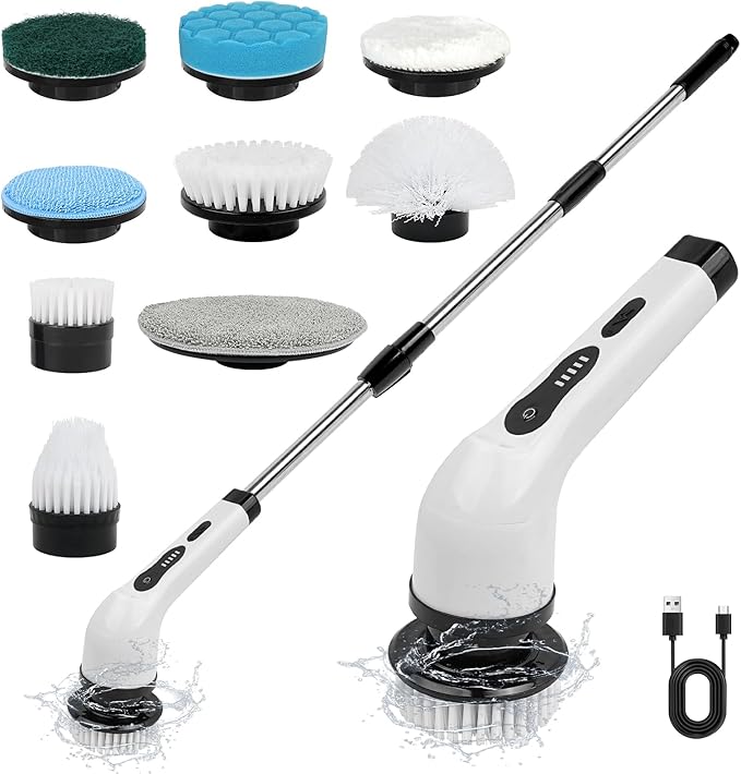 Cordless Electric Spin Scrubber, 360 Rotating Handheld Bathroom Scrubber with 9 Replaceable Cleaning Brush Heads 90Mins Work Time for Cleaning Kitchen,Tile,Tub Floor,Sink,Window,Stove(White)