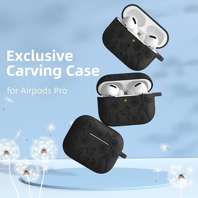 Lerobo Flower Engraved Case Compatible with Apple AirPods Pro 2 Case Cover Full Protective Cover for AirPods Pro Case 2nd 1st Generation 2022/2023 USB C Cute Soft Silicone Skin Front LED Visible Black