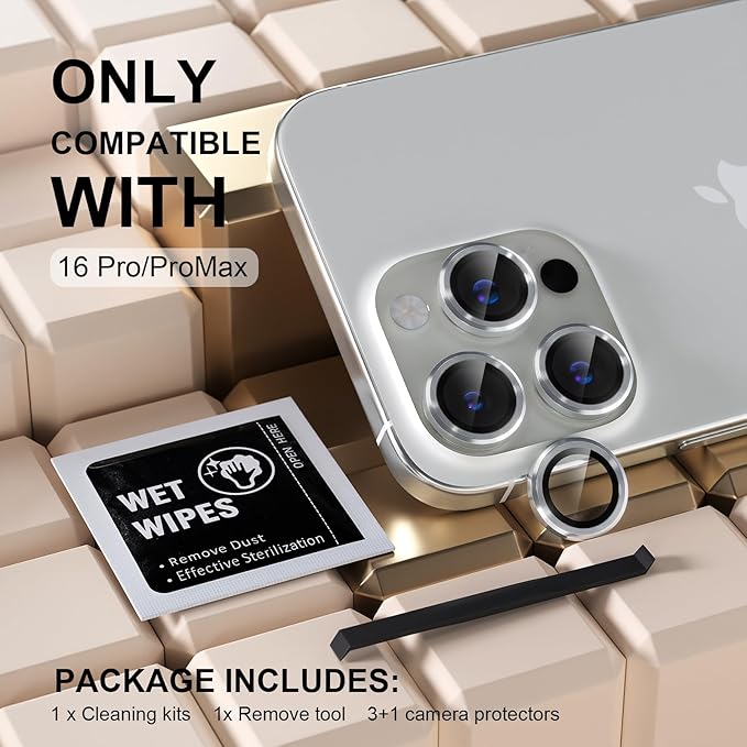 Misea Compatible for iPhone 16 Pro/iPhone 16 Pro Max Camera Lens Protector, Ultra-HD Tempered Glass Camera Cover Screen Protector Metal Individual Ring Protector Decoration Accessories, Silver