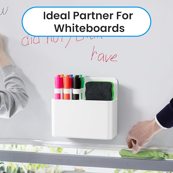 3 Pack Magnetic Pen Holder, Wall Mount Magnetic Dry Erase Marker Holder with Large Compartments, Self Adhesive Marker Pen Pencil Organizer for Whiteboard Fridge Locker Accessories (White)