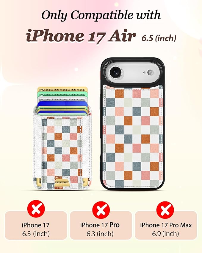 Shorogyt for iPhone Air Wallet Case - Fits 5 Cards, Compatible with Magsafe Detachable Magnetic Credit Card Holder Leather Cardholder Cute Phone Cover Women Girls for Apple 17 Air, Checkered