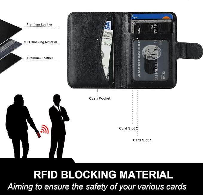 Bocasal for MagSafe Wallet Magnetic Card Holder, RFID Blocking Leather Card Slots for iPhone 17/16/15/14/13/12 Pro/Max/Plus/Air, Adjustable Kickstand Flip Mag Safe Wallet (Black)