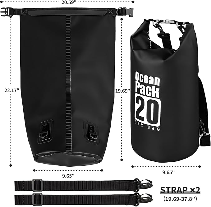 Waterproof Backpack 20L, Roll Top Closure Dry Bag Water Proof Black, Lightweight Floating Dry Bag for Kayaking Boating Hunting, Durable Hiking Backpack with IPX8 Waterproof Phone Pouch-Black, 7"