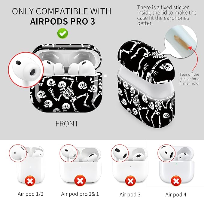 Cute Hard Case Compatible with AirPods Pro 3rd Generation Case (2025), Shockproof Protective Cover with Golden Keychain Ring Clip (Skeletons Dancing)