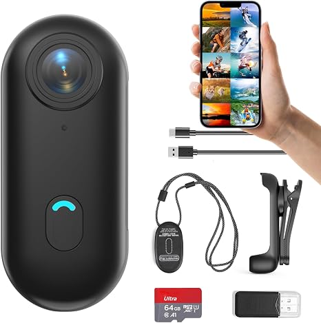 H7 64GB 1080P Thumb Action Camera, Mini Body Cameras with Magnetic Lanyard