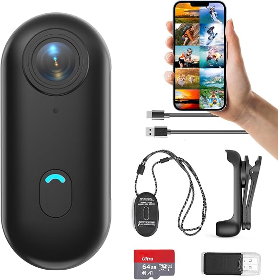 H7 64GB 1080P Thumb Action Camera, Mini Body Cameras with Magnetic Lanyard