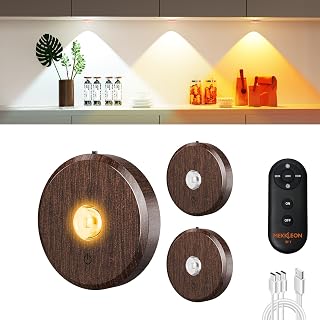 Puck Lights With Remote Control - Rechargeable, Wireless Under Cabinet Lighting, 2000mAh Battery Operated Tap Push Touch Light, Stick On for Counter, Shelf, Bookcase (Wood Color, 3 Pcs) - Image 1